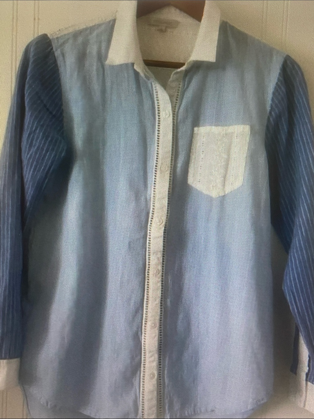 Light Blue & Navy Striped Button-Up Blouse with White Trim